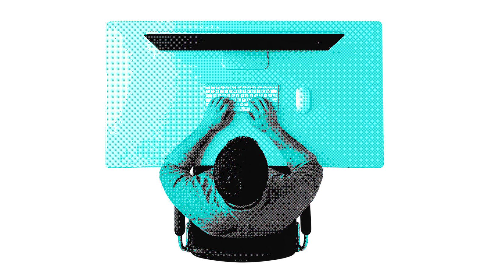 Overhead dithered view of a man working at a modern computer