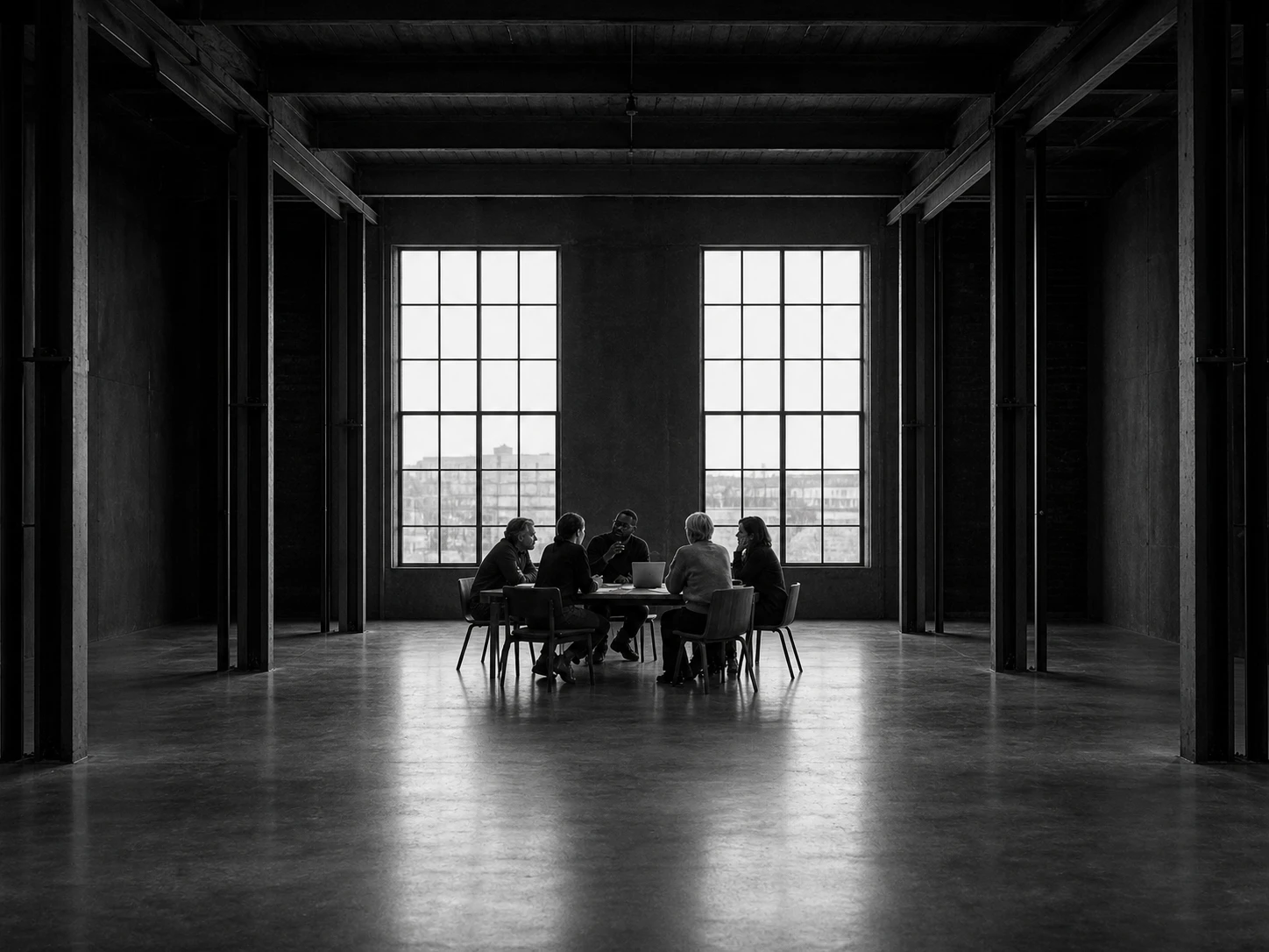 Editorial scene of five experienced operators in a focused working conversation