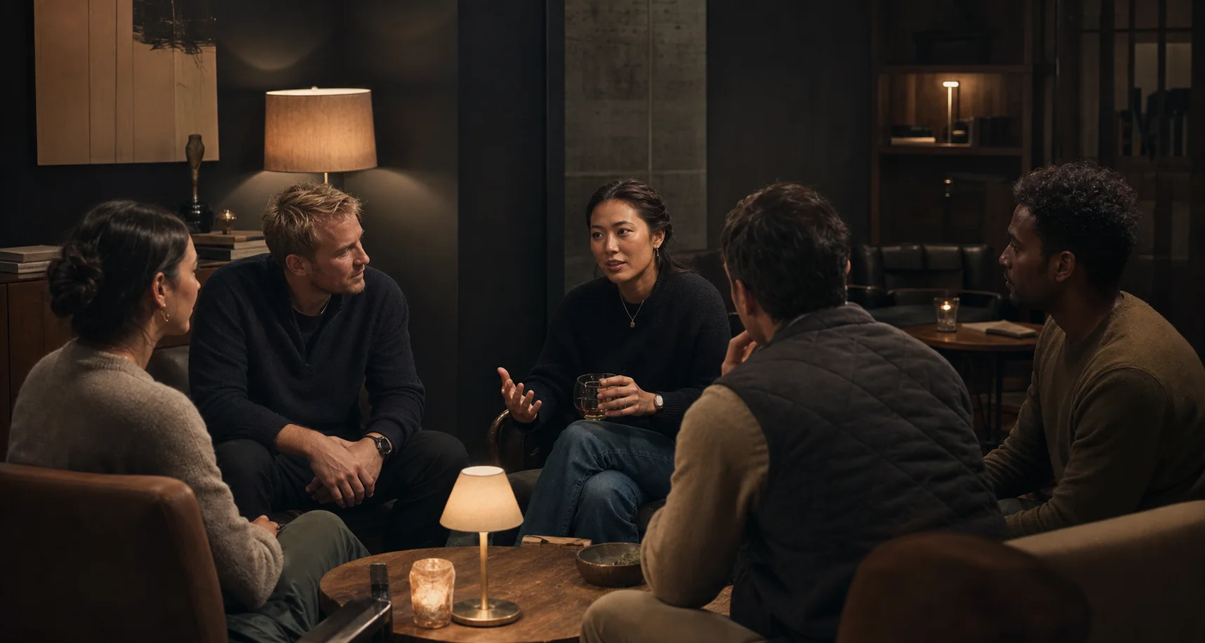 Editorial scene of founders and operators in conversation at a small gathering