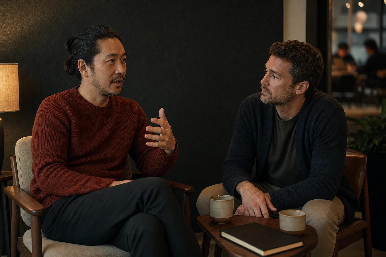 Editorial scene of two e-commerce founders exchanging practical advice